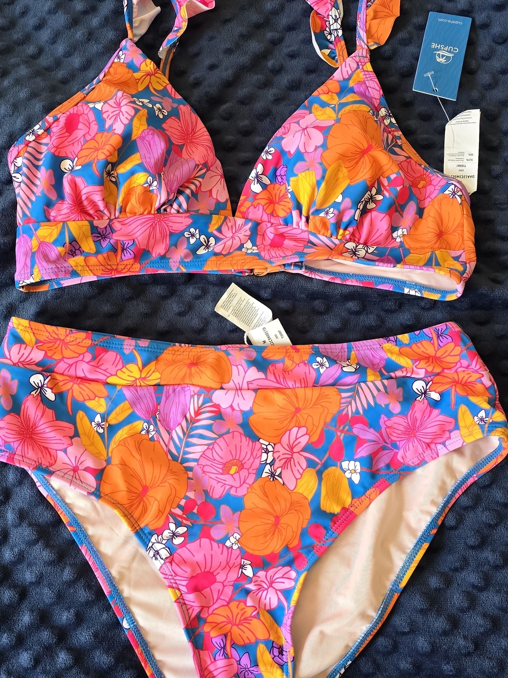 Cupshe Blue Floral Bikini Set with Pink & Orange Blooms